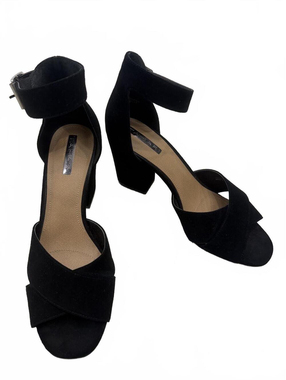 Tahari "Media" Black‎ Suede Block Heel Sandals - Crisscross Ankle Strap Size 8.5
